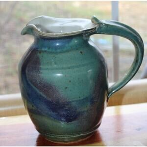 Signed Handmade Stoneware Pitcher With Green And Blue Glaze.